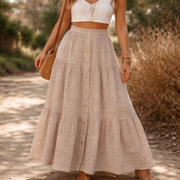 NY and Company Dresses & Skirts - NY and Co Sz XL Beige Crochet Tiered Maxi Skirt Button Front Boho Festival Fairy
